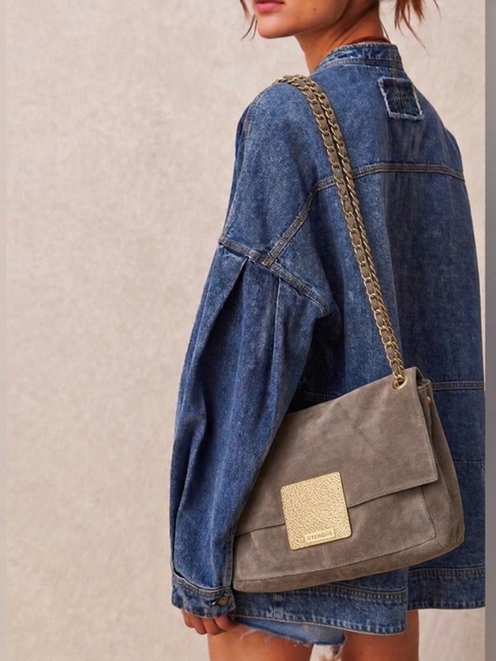 Uterque | Oversized Olive-Brown Suede Chain Slouchy Baguette Style Shoulder Bag